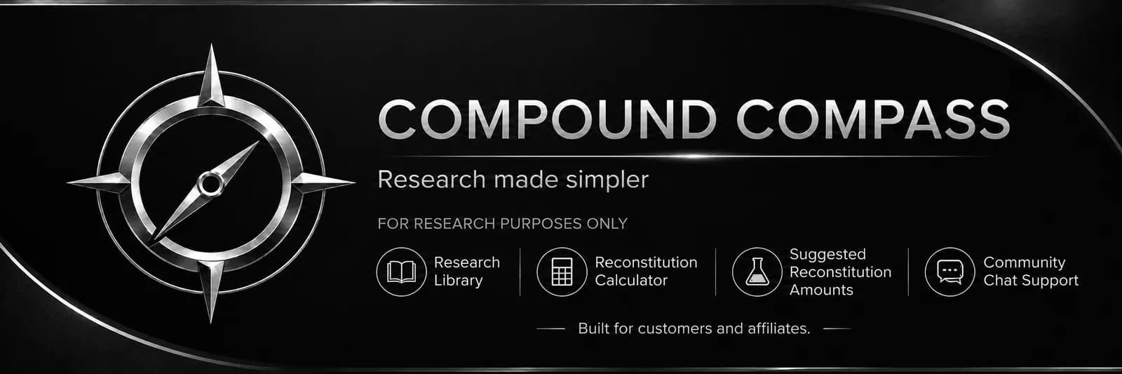 Compound Compass, research made simpler: a research library, reconstitution calculator, suggested reconstitution amounts and community chat support.